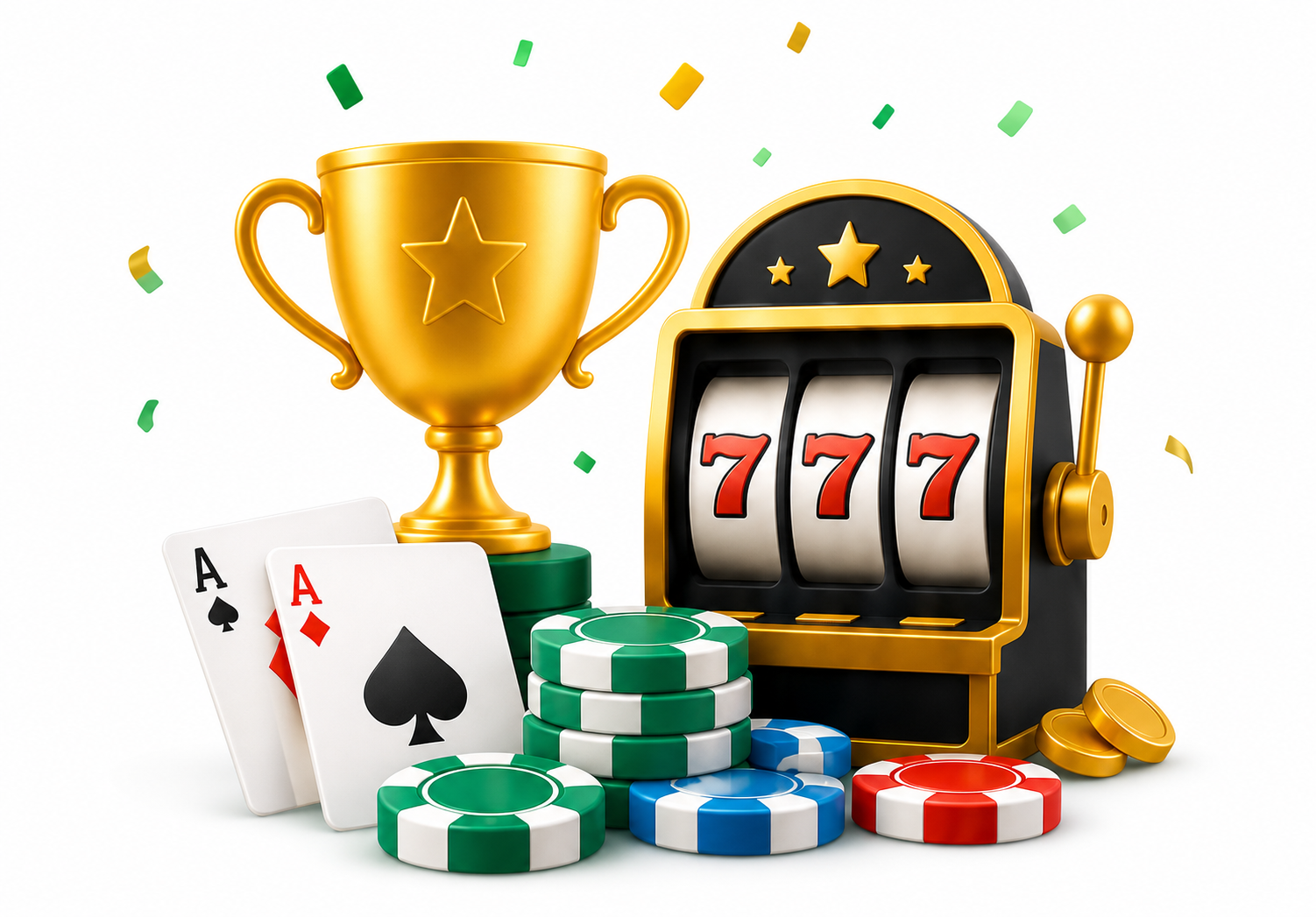Casino trophy, slot machine, cards and chips
